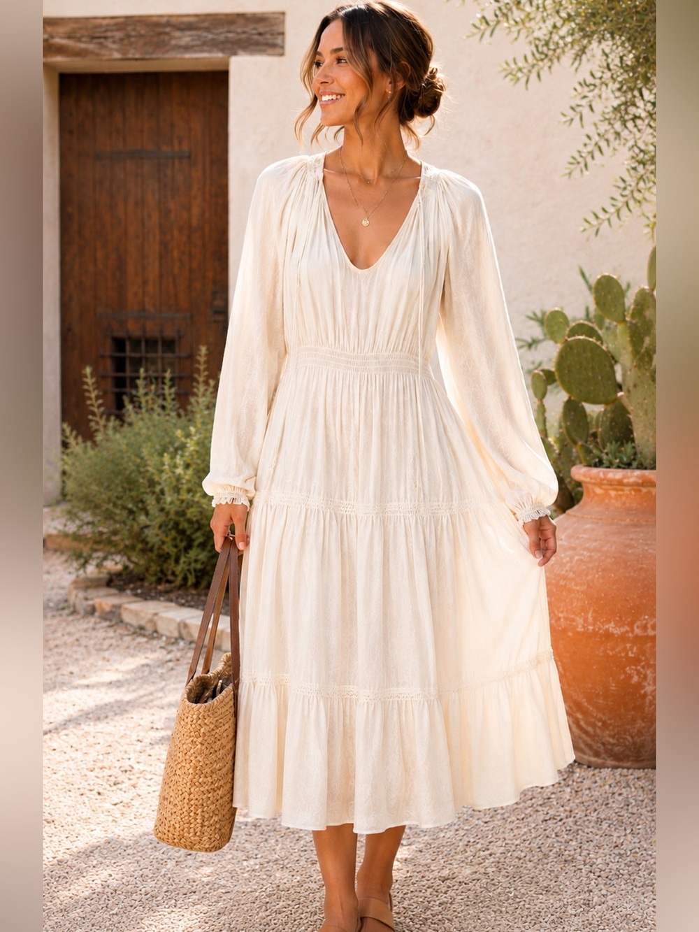 Urban Outfitters Long Sleeve V-Neck Tiered Midi Dress in Cream